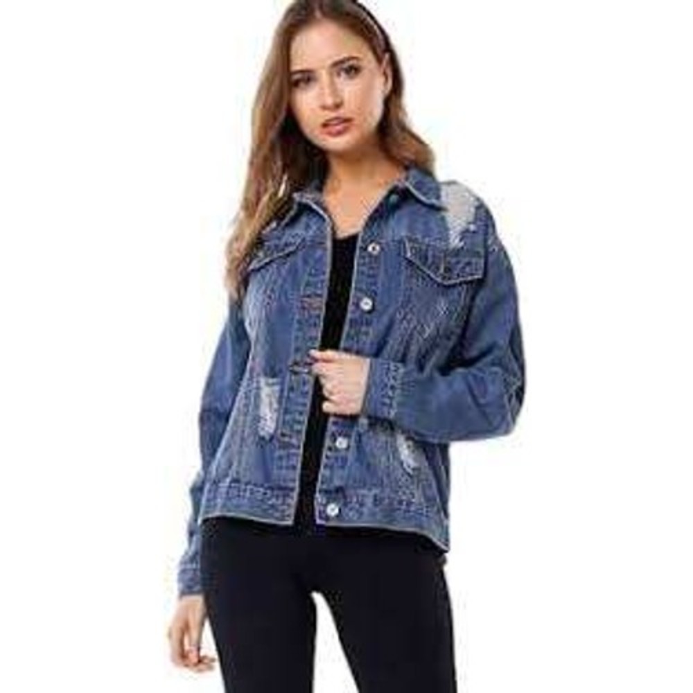 Cavalini Denim Collection Distressed Hooded Women Jacket Light Wash Blue Small